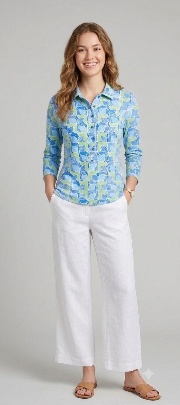 J McLaughlin Blue Green Floral Top Medium